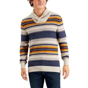 Sun & Stone Mens Blanket Stripe Shawl Collar Sweater Sz XL Beige Navy Retro Boho